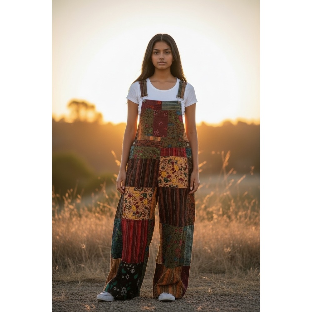 Kathmandu Imports Patchwork Jumpsuit Rust Multi Cotton Wide Leg Boho Retro